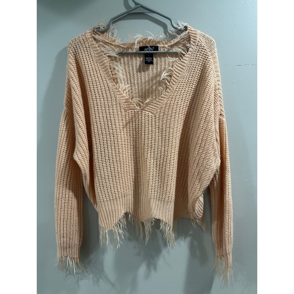 Just Polly New York Distressed Frayed V-Neck Sweater Peach Apricot Shaker Knit S